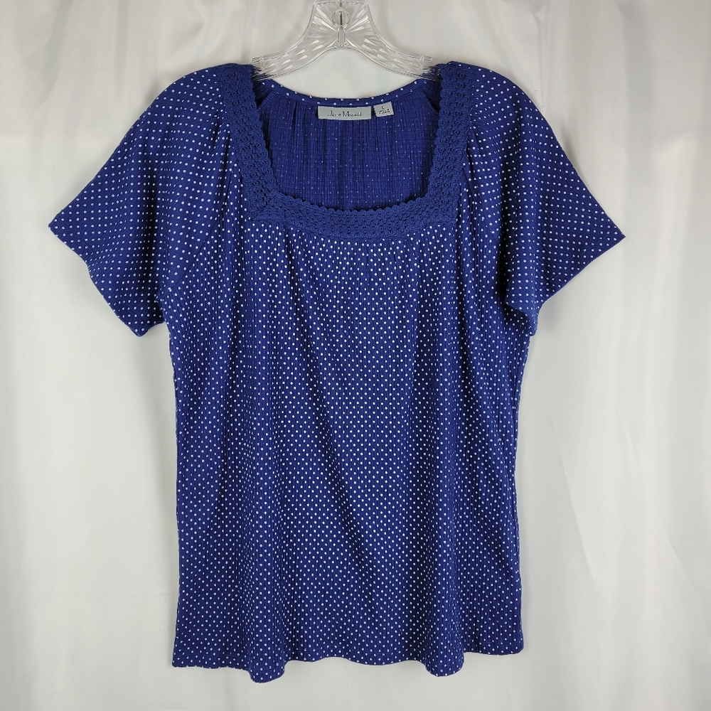 Jason Maxwell Navy White Polkadot Gauzy Square Neck Top Women Size Large